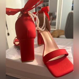 red pearl bow heels